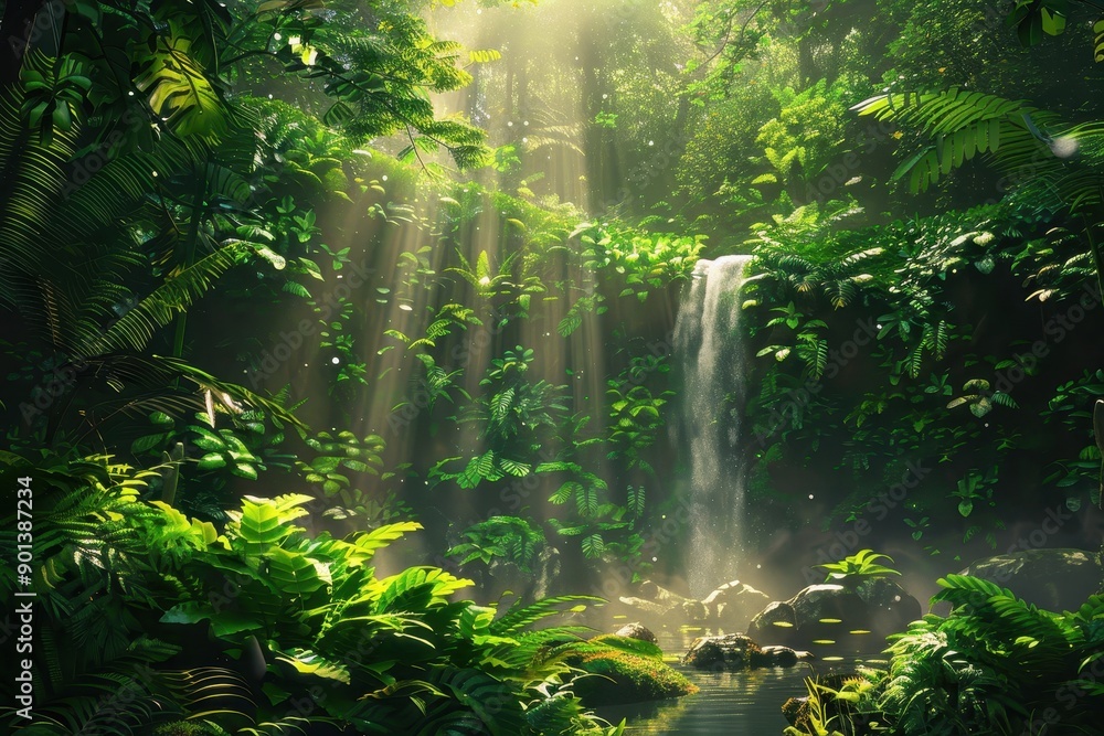 Obraz premium Lush Green Waterfall in Dense Tropical Rainforest with Sun Rays and Plants