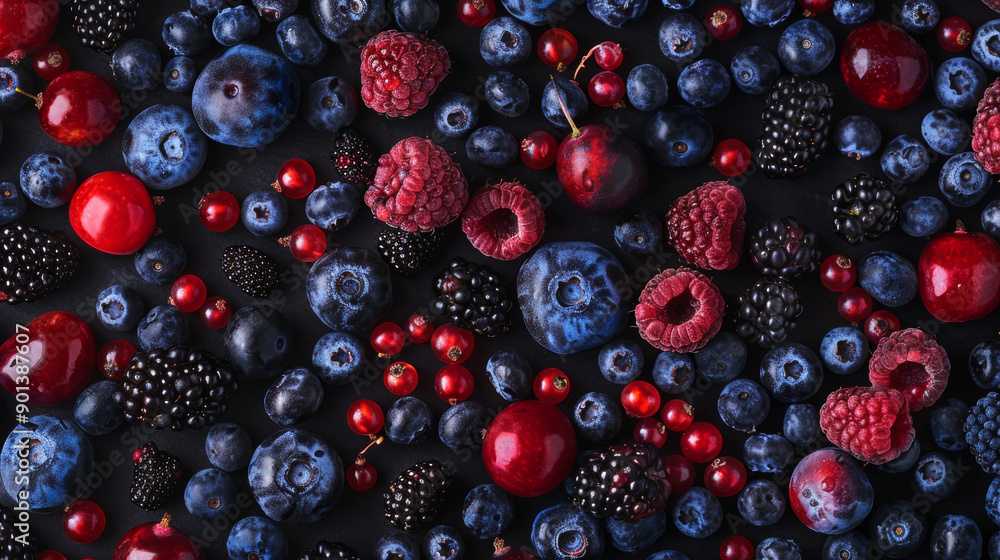 Background of fresh fruits and berries. Ripe blackberries, blueberries, plums, and raspberries. A colorful mix of black, blue, and red fruits. Top view. Perfect for a vibrant, healthy food background. Background of fresh fruits and berries. Ripe blackberries, blueberries, plums, and raspberries. A colorful mix of black, blue, and red fruits. Top view. Perfect for a vibrant, healthy food background.