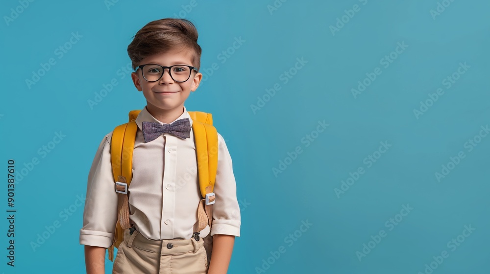 cute schoolboy with bow tie and yellow backpack smiling on blue background full body portrait cute schoolboy with bow tie and yellow backpack smiling on blue background full body portrait