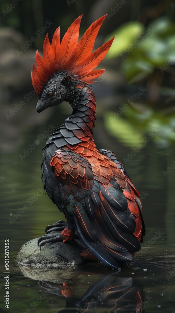 Fototapeta premium A fantastical bird with fiery plumage sits quietly by the water's edge