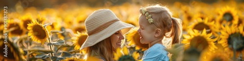 mother and daughter in a field of sunflowers. Selective focus