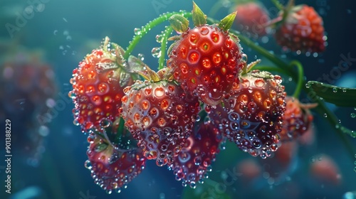 strawberries, each berry gleaming with dewdrops. this reflect the beauty of nature