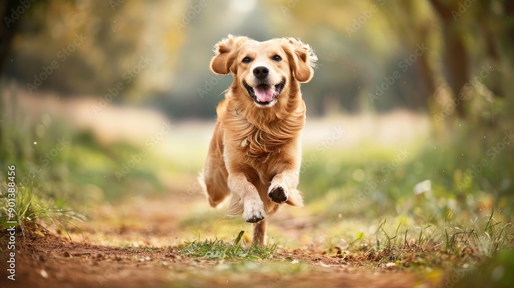 dog bounding through wildflowers and tall grass in a sprawling countryside field.