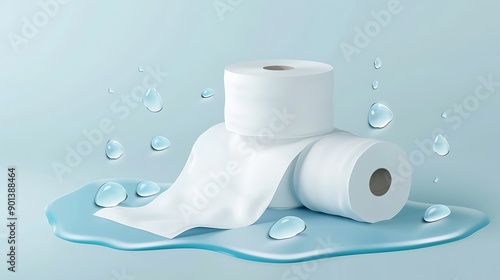 Close up shot of a toilet paper roll with water droplets around it, showcasing the product's absorbency and freshness.