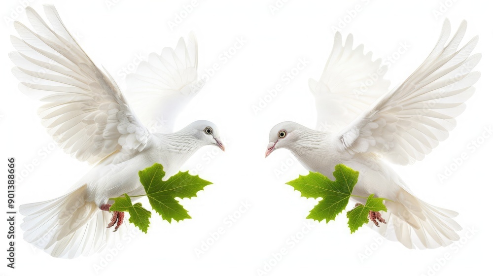 Obraz premium Two White Doves Flying Together With Green Leaves in Their Beaks