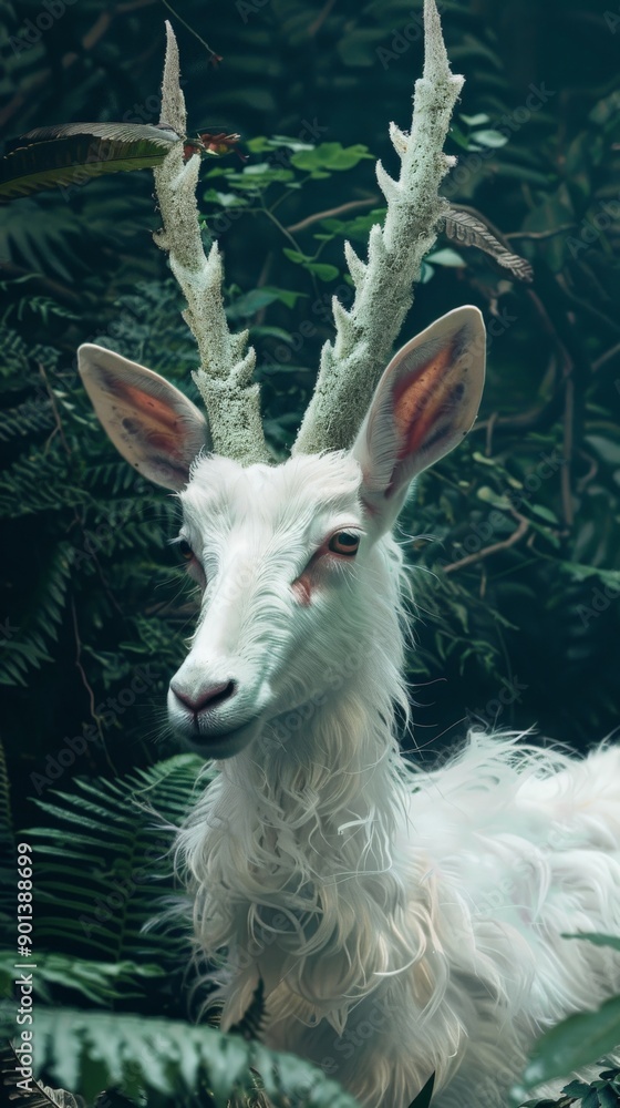 A mystical animal stands among vibrant greenery in an enchanting forest A mystical animal stands among vibrant greenery in an enchanting forest