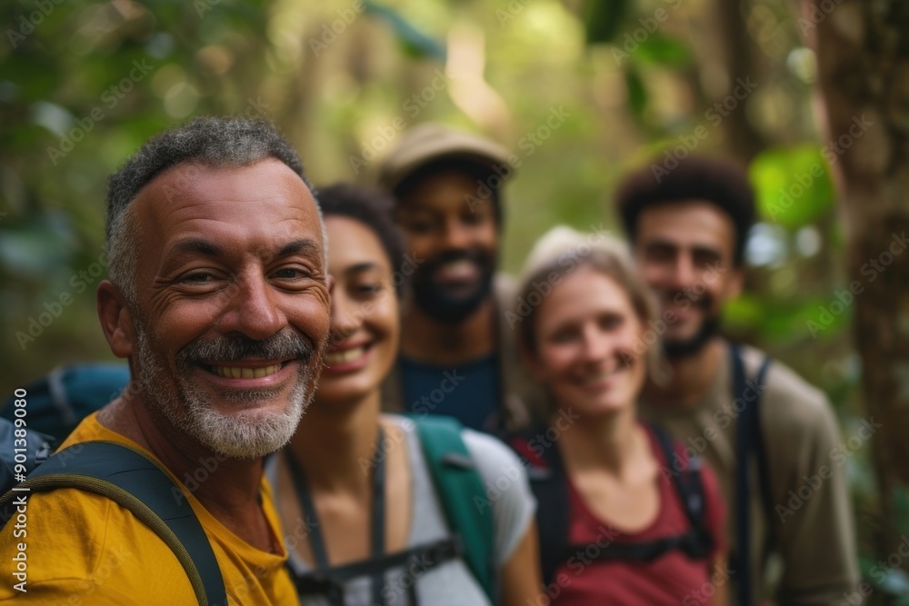 Group of diversity middle age volunteers backpacking adventure laughing. Group of diversity middle age volunteers backpacking adventure laughing.