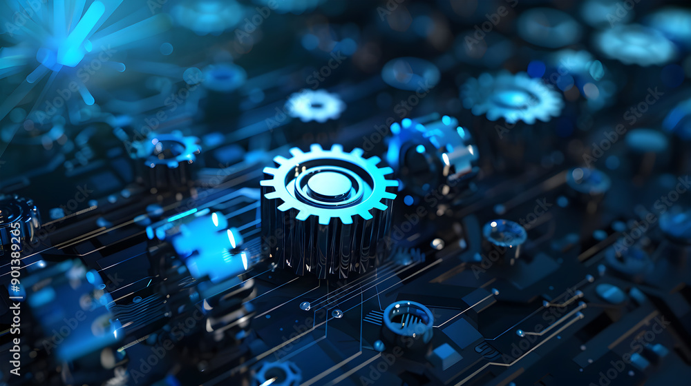 Data operation and system integration process with thin line gearwheel. Generative Ai.