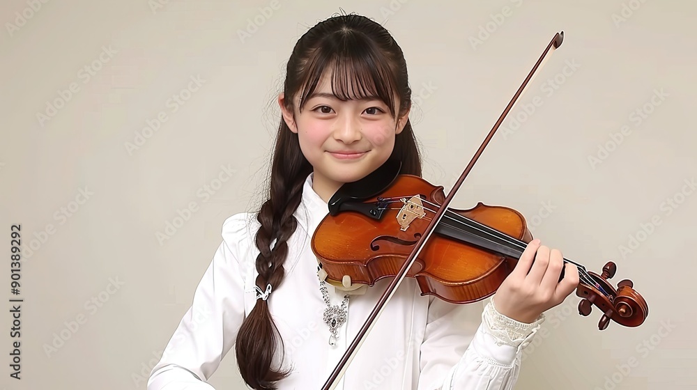Young Musician Playing Violin With a Bright Smile in a Studio Setting Young Musician Playing Violin With a Bright Smile in a Studio Setting