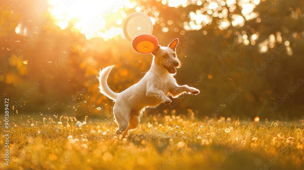 playful dog chasing after a frisbee on a sun-dappled meadow, capturing the exuberance and freedom in its movements. playful dog chasing after a frisbee on a sun-dappled meadow, capturing the exuberance and freedom in its movements.