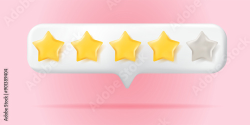 3d Speech bubble with rating four stars for best excellent services feedback, 4 stars rating for quality customer rating concept from client employee, product review. 3d 5 star vector render