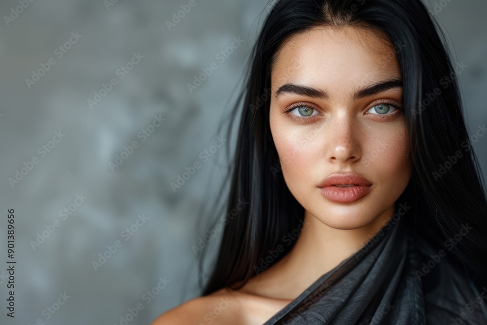 Model with sleek, long black hair wrapped in a salon cape, ready for a haircut, with a modern and clean salon backdrop Model with sleek, long black hair wrapped in a salon cape, ready for a haircut, with a modern and clean salon backdrop