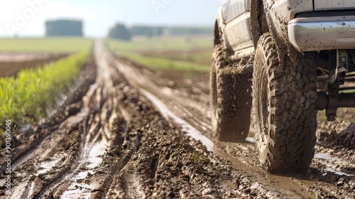 Muddy Tires Trail Through Farm Fields During Bright Sunny Day