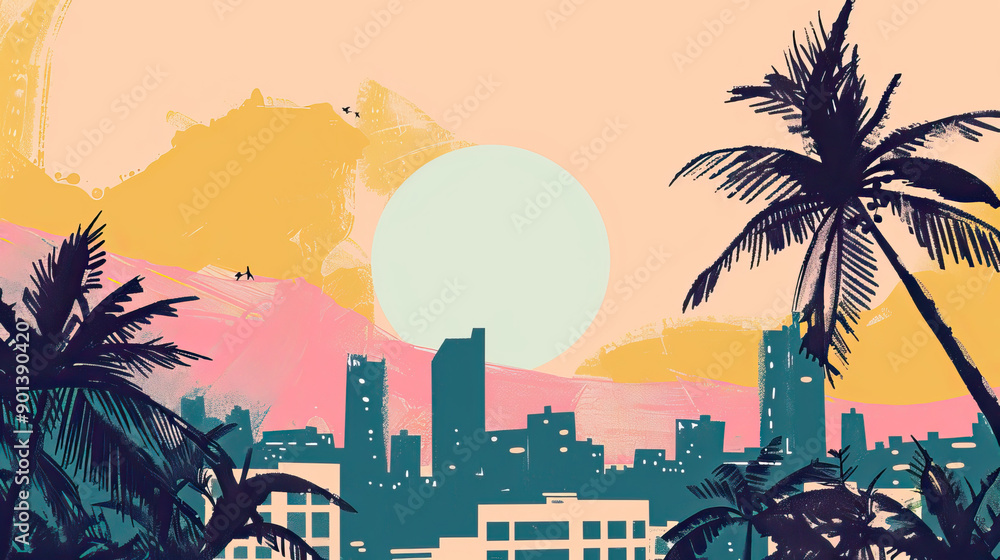 Fototapeta premium Risograph colorful riso print travel poster, card, wallpaper or banner illustration, modern, isolated, clear, simple of Franceville, Gabon. Artistic, screen printing, stencil