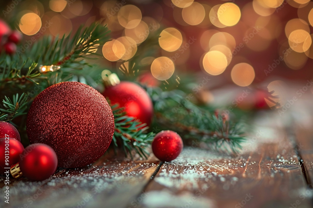 christmas background,Shiny red ball hangs on festive green pine branch, a classic Christmas tree ornament christmas background,Shiny red ball hangs on festive green pine branch, a classic Christmas tree ornament