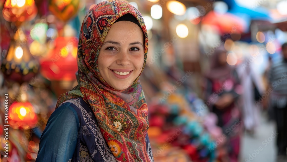 A portrait of an attractive beautiful young Muslim woman in colorful and headscarf smiling at the camera. Outdoor market scene A portrait of an attractive beautiful young Muslim woman in colorful and headscarf smiling at the camera. Outdoor market scene