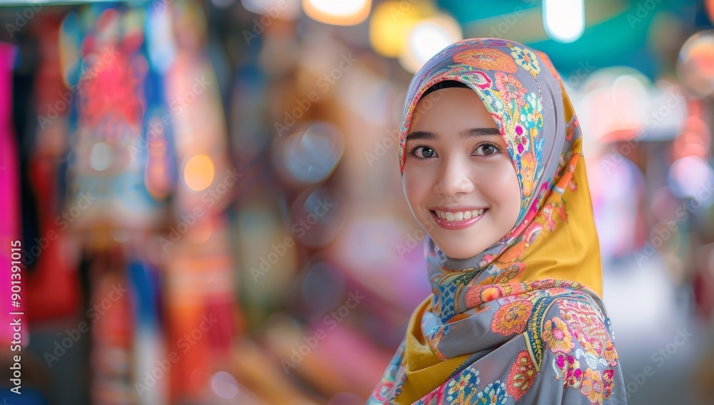 Fototapeta premium A portrait of an attractive beautiful young Muslim woman in colorful and headscarf smiling at the camera. Outdoor market scene