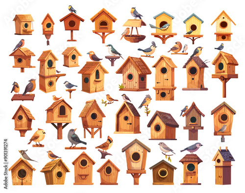 birdhouses flat icons set. Small wooden bird house. Vintage pigeon feeder. Winter shelter. vector illustration