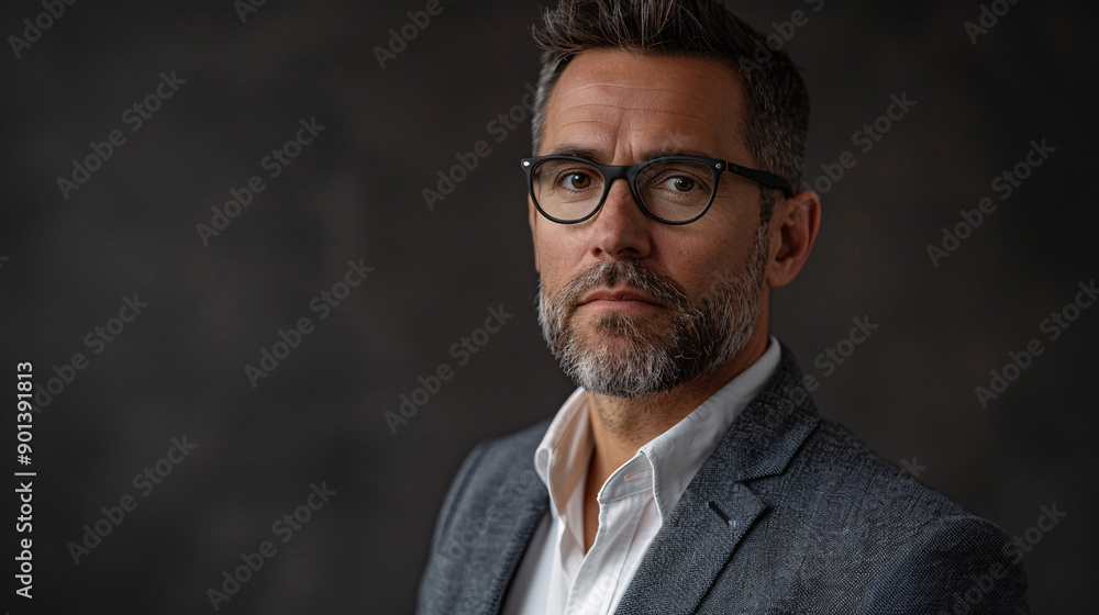Fototapeta premium A professional software developer in sharp attire, captured in a minimalistic studio portrait with a Canon 85mm lens. Suitable for technology and business-related content.