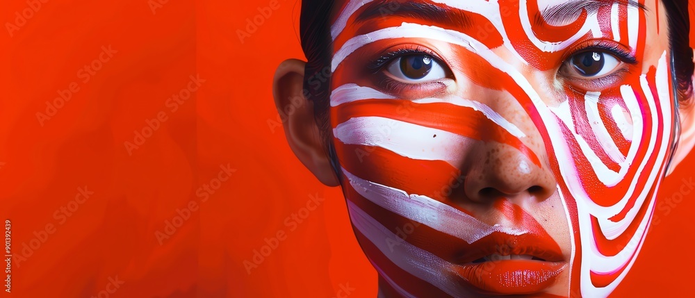 A striking portrait of a woman with bold red and white face paint, set against a vibrant red background. Artistic and intriguing composition. A striking portrait of a woman with bold red and white face paint, set against a vibrant red background. Artistic and intriguing composition.