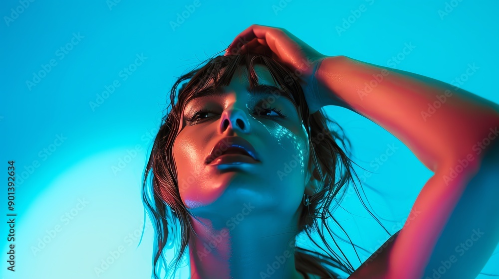 Artistic portrait of a woman with neon lighting in a vibrant blue and pink background, highlighting her expression and pose. Artistic portrait of a woman with neon lighting in a vibrant blue and pink background, highlighting her expression and pose.