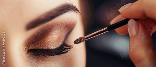 Close-up of a makeup artist applying eyeshadow to a model's eyelids, enhancing her beauty with precision and professional technique.