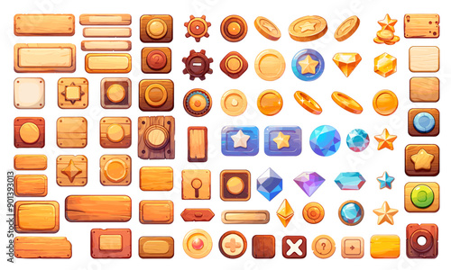 buttons set cartoon. element interface slider game menu star coin reward bonus tree. vector illustration