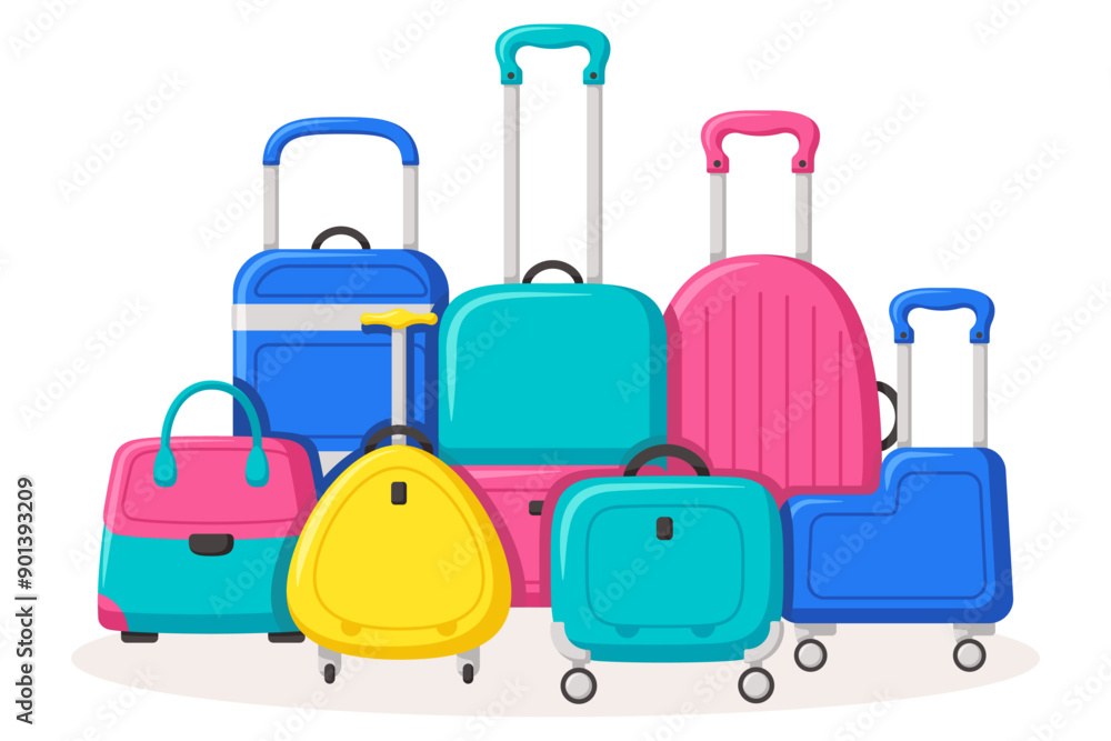 Bon Voyage concept. Traveling suitcases and bags on wheels. Cabin luggage and check in baggage Bon Voyage concept. Traveling suitcases and bags on wheels. Cabin luggage and check in baggage