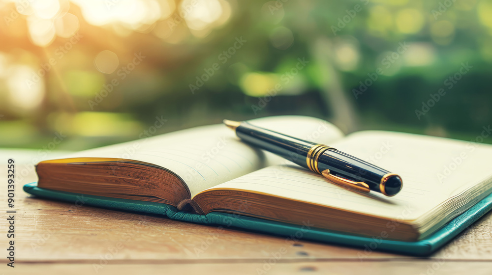 Open Journal with Pen on Wooden Table in Sunlit Outdoor Setting Open Journal with Pen on Wooden Table in Sunlit Outdoor Setting