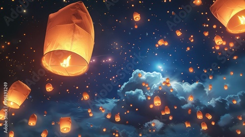 Floating paper lanterns against a night sky, illustrating hope and wishes. photo