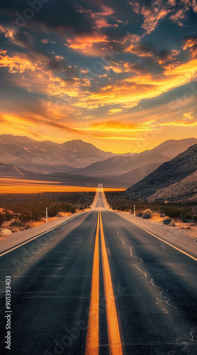 A long road leading into the distance, sunset sky, golden light, high definition photography, American desert landscape, wide angle lens, symmetrical composition, yellow and orange tones © Enrique
