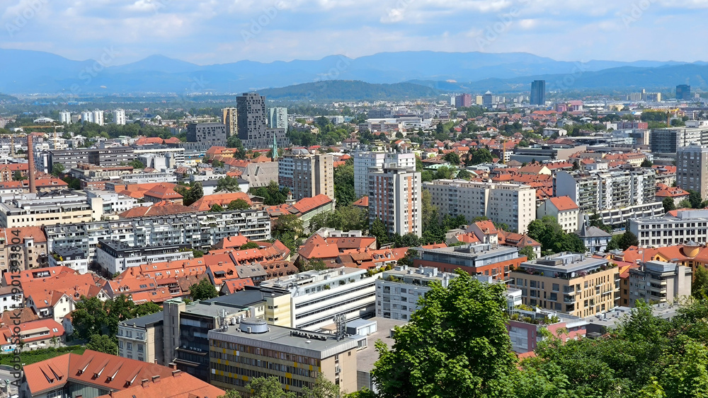 Fototapeta premium panorama of Ljubljana town seen from the top of the Ljubljana castle in bright spring day