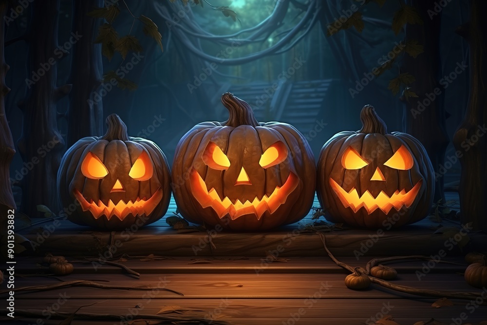 Obraz premium Haunted forest on Halloween night, Jack-o'-lantern with creepy lights like ghosts between the trees.