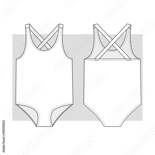 One-piece sports swimsuit with elastic bands on back. Technical sketch. Vector illustration.