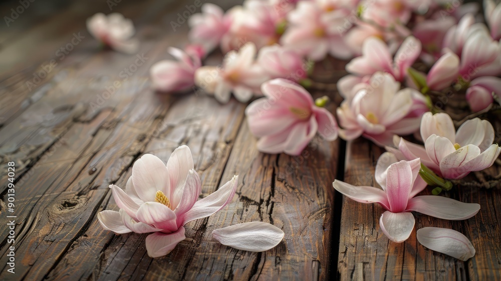 Freshly picked magnolias laid out on a rustic wooden floor, their elegant blooms creating a serene display Freshly picked magnolias laid out on a rustic wooden floor, their elegant blooms creating a serene display