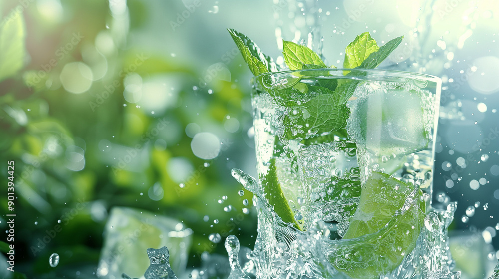 Mint Mojito, summer drinks, water splash, ice cubes in the glass cup, water in a glass Mint Mojito, summer drinks, water splash, ice cubes in the glass cup, water in a glass