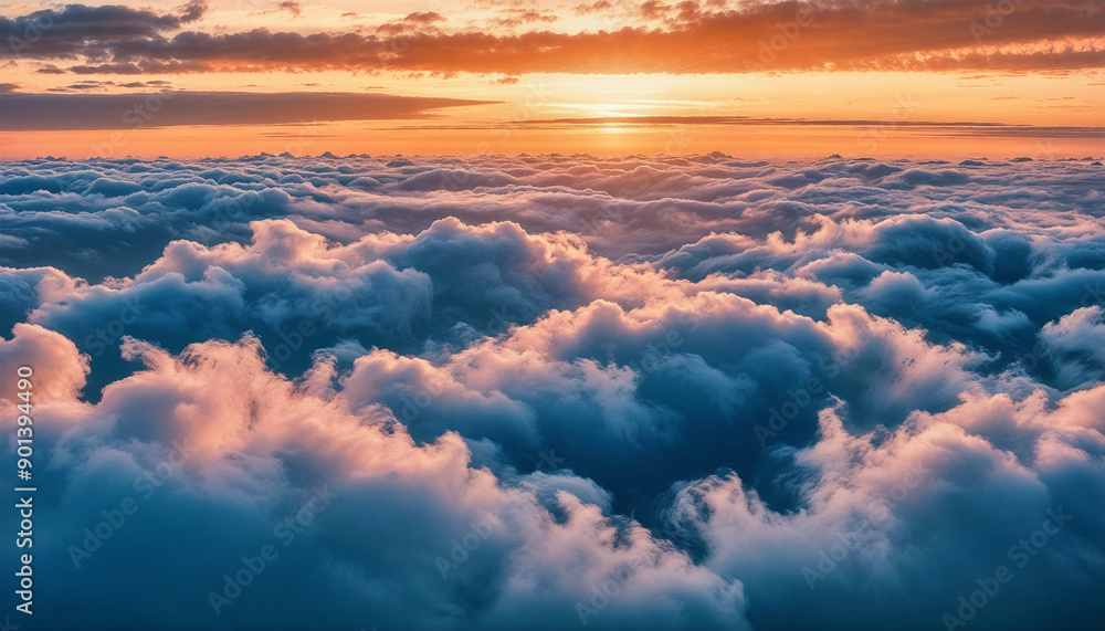 Breathtaking sunset above the clouds. Golden hour sky with fluffy clouds. Aerial view from airplane window. Breathtaking sunset above the clouds. Golden hour sky with fluffy clouds. Aerial view from airplane window.