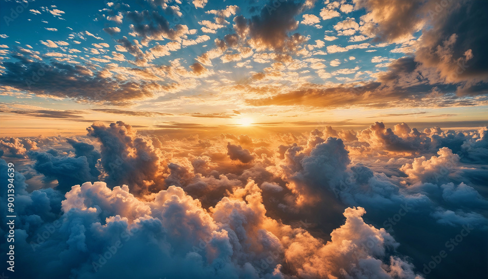 Sunset over a sea of fluffy clouds. Golden hour bathes the sky in warm hues, creating a breathtaking aerial view. Sunset over a sea of fluffy clouds. Golden hour bathes the sky in warm hues, creating a breathtaking aerial view.