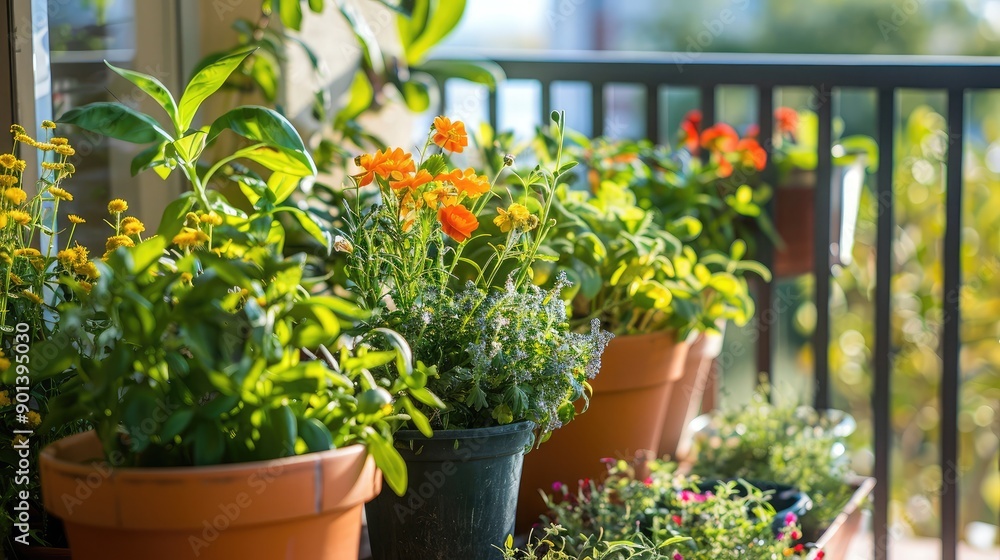 Fototapeta premium Office balcony garden with a mix of potted flowers and herbs, providing a refreshing outdoor space for breaks.