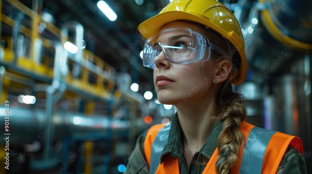 Woman engineer wearing safety gear, goggles, and helmet, looking thoughtfully in an industrial facility during work. Woman engineer wearing safety gear, goggles, and helmet, looking thoughtfully in an industrial facility during work.