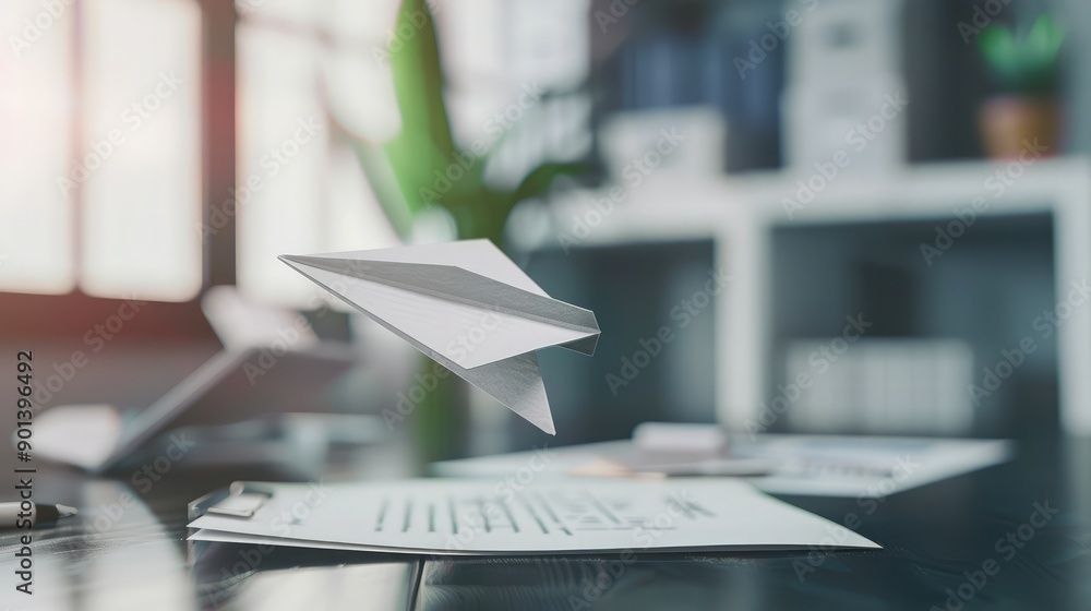 Paper airplane flying over a desk, symbolizing business travel and ambition. Paper airplane flying over a desk, symbolizing business travel and ambition.