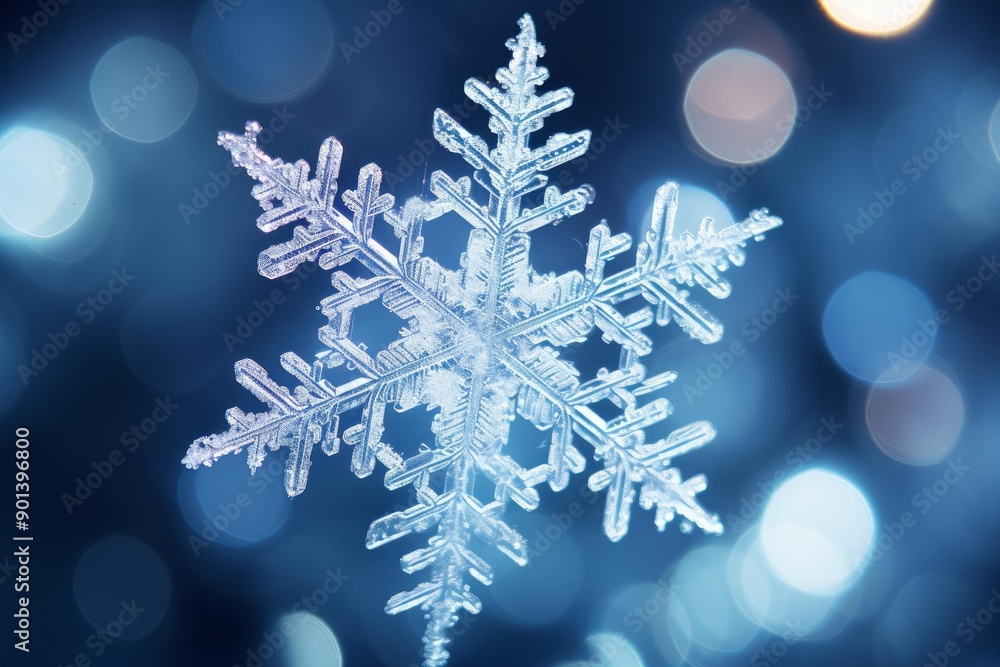 Stunning macro shot of a delicate snowflake showcasing intricate patterns with a soft bokeh backdrop Stunning macro shot of a delicate snowflake showcasing intricate patterns with a soft bokeh backdrop