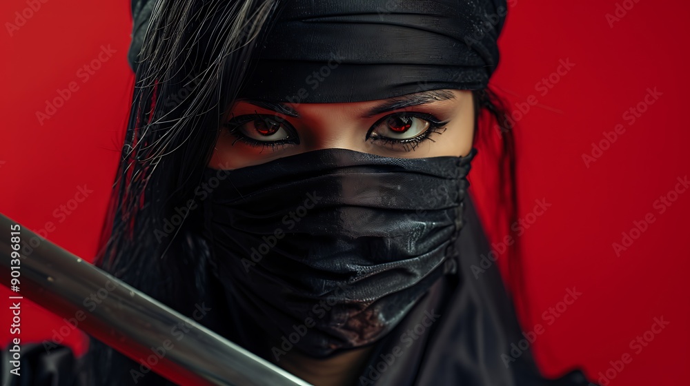 Woman in a black ninja outfit and mask, holding a katana sword. Her eyes are piercing and determined. Woman in a black ninja outfit and mask, holding a katana sword. Her eyes are piercing and determined.