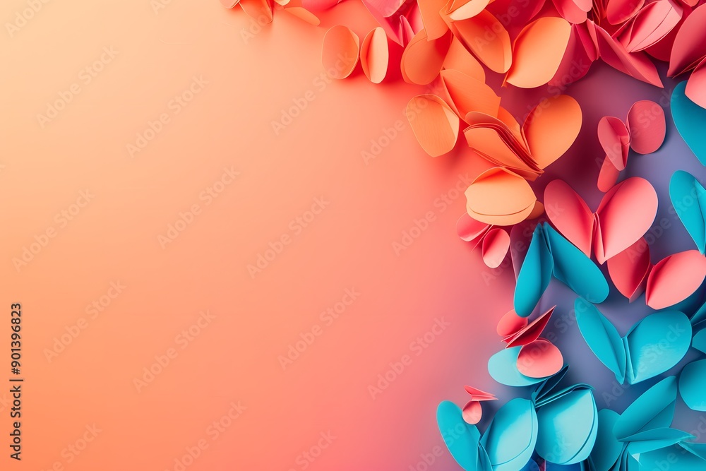 Obraz premium Colorful paper hearts arranged artistically against a soft gradient background