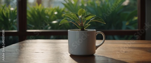 White mug on wooden table with plant in background. photo