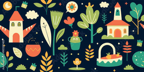 A seamless pattern with flowers, trees, houses, and a cake on a dark background. A seamless pattern displaying flowers, trees, houses, and a cake on a dark background, suitable for textile designs 