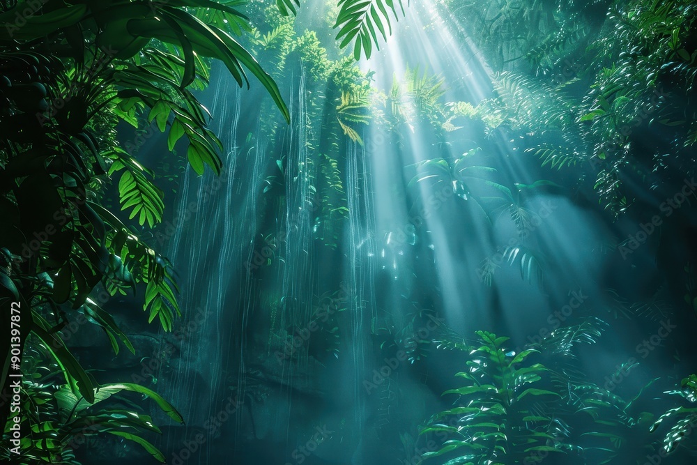 Fototapeta premium Lush Sunlight Streams Through the Dense Green Jungle Canopy