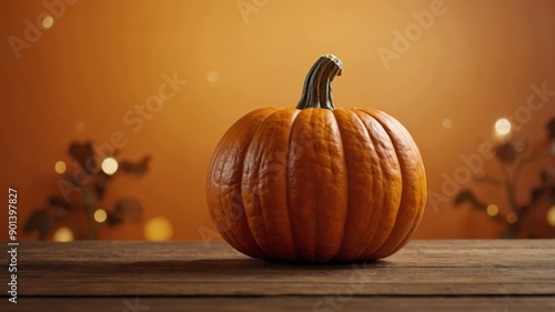 Decorative pumpkin on wooden table on orange background Banner design with copy space Thanksgiving, Halloween holiday concept. photo