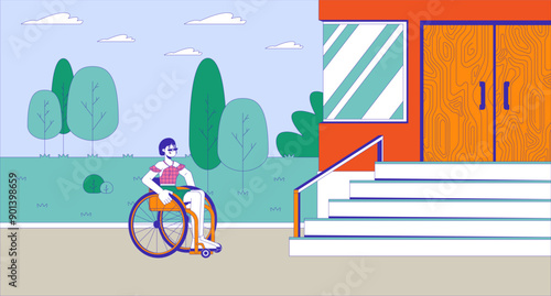 Inaccessible city for wheelchair user cartoon flat illustration. Frustrated disabled woman in front of staircase 2D character colorful background. Public obstacles scene vector storytelling image