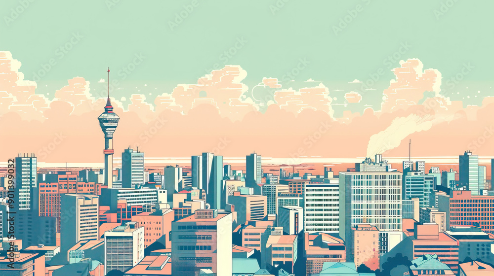 Fototapeta premium Risograph vibrant riso print travel poster, card, wallpaper or banner illustration, modern, isolated, clear, simple of Johannesburg, South Africa. Artistic, screen printing, stencil